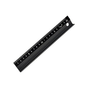 May include: A black metal ruler with white markings, measuring up to 20 cm. The ruler has a hole at the 20 cm mark.