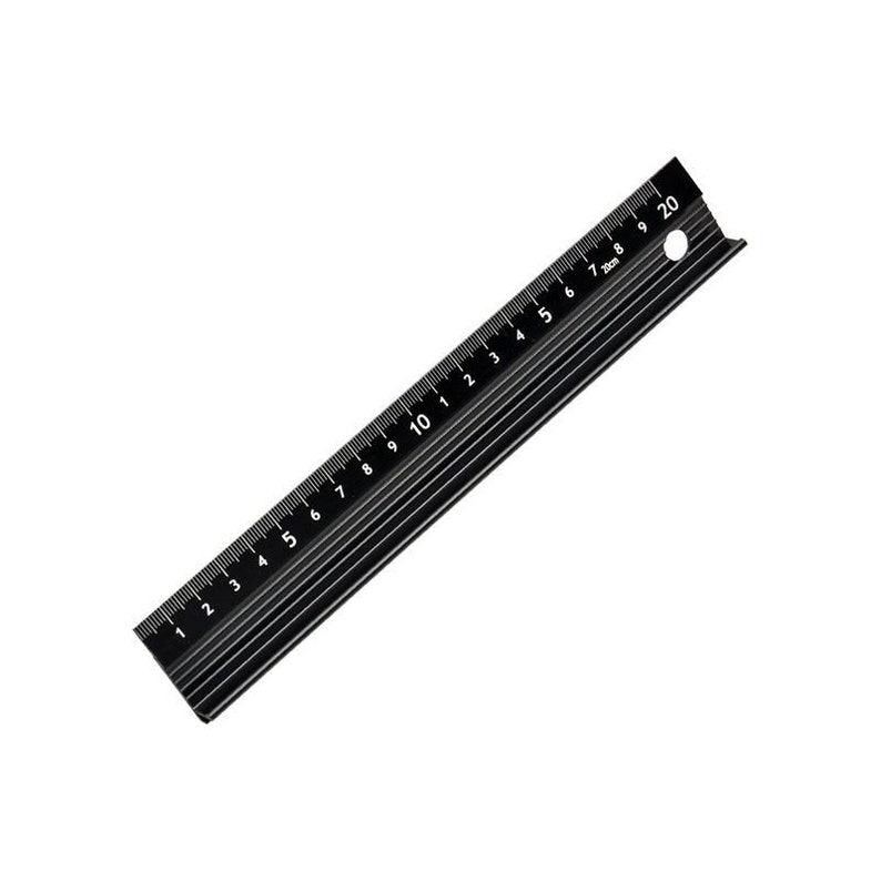 May include: A black metal ruler with white markings, measuring up to 20 cm. The ruler has a hole at the 20 cm mark.