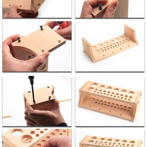 May include: A step-by-step assembly guide for a wooden paint brush holder. The holder has multiple rows of holes to hold brushes of different sizes. The instructions show how to assemble the pieces using screws and dowels.