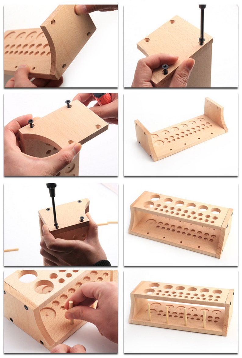 May include: A step-by-step assembly guide for a wooden paint brush holder. The holder has multiple rows of holes to hold brushes of different sizes. The instructions show how to assemble the pieces using screws and dowels.