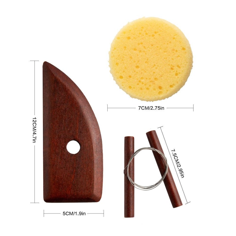 May include: A set of pottery tools for sculpting and shaping clay. The set includes a wooden sculpting tool, two wooden wire tools, and a yellow sponge. The wooden sculpting tool is 12 cm (4.7 in) tall and 5 cm (1.9 in) wide. The wooden wire tools are 7.5 cm (2.95 in) long. The yellow sponge is 7 cm (2.75 in) in diameter.