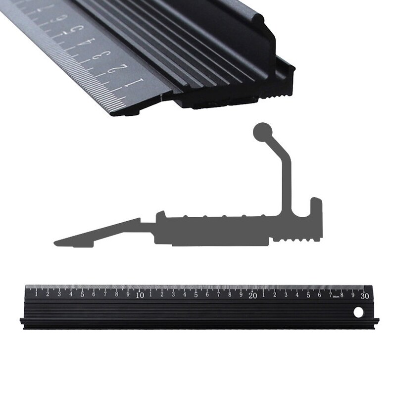 May include: A black metal ruler with a 30-inch measurement scale. The ruler has a black metal hook on the end and a black metal handle on the side.
