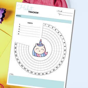 K&ouml;nnte beinhalten: Ein druckbarer Gewohnheits-Tracker mit einer Einhorn-Illustration. Der Tracker hat ein kreisf&ouml;rmiges Raster mit den Zahlen 1 bis 31 und einen Bereich zum Auflisten von Gewohnheiten mit Platz f&uuml;r eine Belohnung.