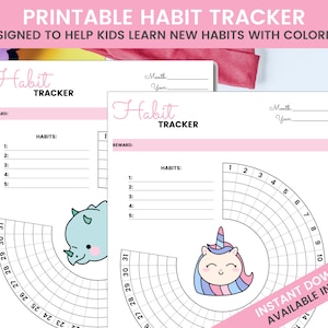 Peut inclure: Un suivi d'habitudes imprimable pour les enfants avec une licorne et un dinosaure. Le suivi comporte une section pour lister les habitudes et une section pour les r&eacute;compenses. Le suivi comporte &eacute;galement une section circulaire pour cocher les jours du mois.