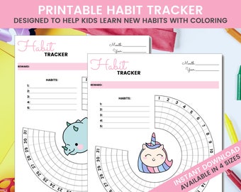 Druckbare HABIT TRACKER | Kinder Habit Tracker | Undatierte | Dinosaurier-| Einhorn | Mein erster Habit Tracker | Lerngewohnheiten | Färbung