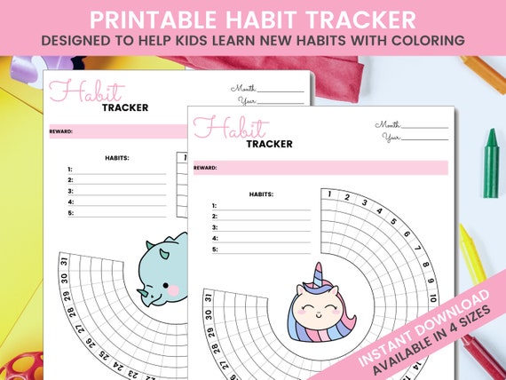 PRINTABLE HABIT TRACKER | Kids Habit Tracker | Undated | Dinosaur | Unicorn | My First Habit Tracker | Learn Habits | Coloring