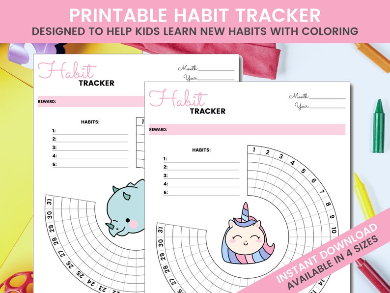 Peut inclure: Un suivi d'habitudes imprimable pour les enfants avec une licorne et un dinosaure. Le suivi comporte une section pour lister les habitudes et une section pour les r&eacute;compenses. Le suivi comporte &eacute;galement une section circulaire pour cocher les jours du mois.