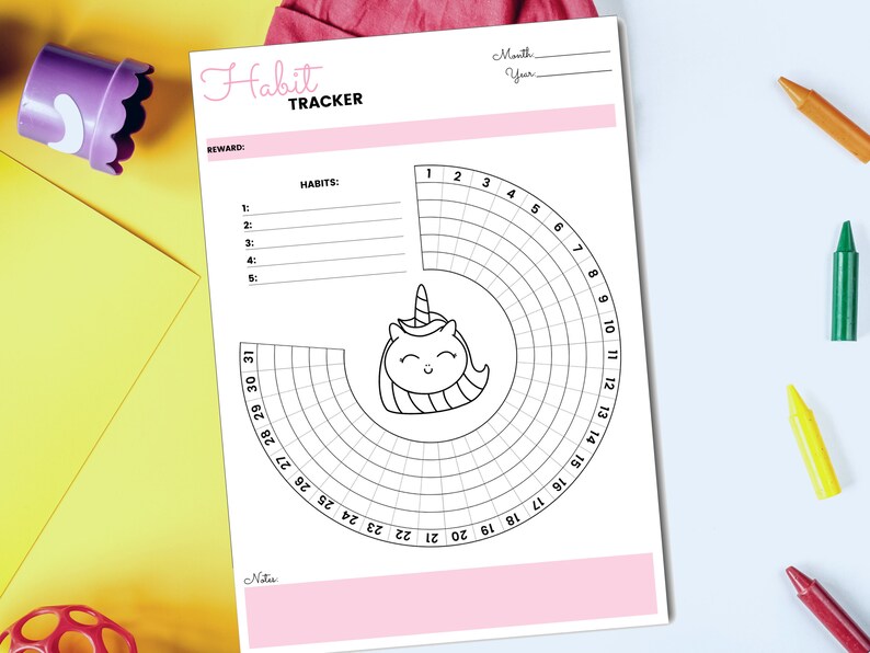Peut inclure: Un suivi d'habitudes imprimable avec une illustration de licorne. Le suivi comporte une grille circulaire avec les num&eacute;ros 1 &agrave; 31 pour les jours du mois et une section pour la liste des habitudes. Le suivi comporte &eacute;galement une section pour une r&eacute;compense et des notes.