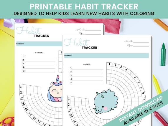 PRINTABLE HABIT TRACKER | Kids Habit Tracker | Undated | Dinosaur | Unicorn | My First Habit Tracker | Learn Habits | Coloring