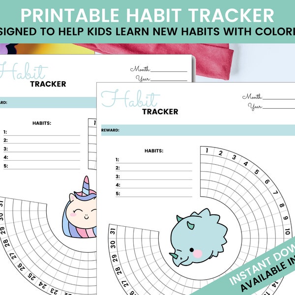 Druckbare HABIT TRACKER | Kinder Habit Tracker | Undatierte | Dinosaurier-| Einhorn | Mein erster Habit Tracker | Lerngewohnheiten | Färbung