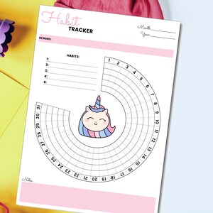 Peut inclure: Un suivi d'habitudes imprimable avec une illustration de licorne. Le suivi comporte une grille circulaire avec les num&eacute;ros de 1 &agrave; 31, et une section pour lister les habitudes avec un espace pour une r&eacute;compense.