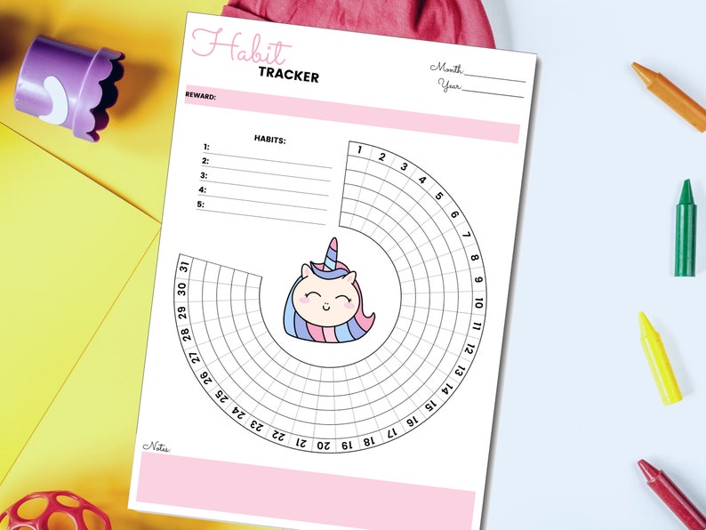 Peut inclure: Un suivi d'habitudes imprimable avec une illustration de licorne. Le suivi comporte une grille circulaire avec les num&eacute;ros de 1 &agrave; 31, et une section pour lister les habitudes avec un espace pour une r&eacute;compense.