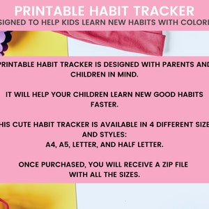 Peut inclure: Un suivi d'habitudes imprimable con&ccedil;u pour aider les enfants &agrave; apprendre de nouvelles habitudes en coloriant. Il est con&ccedil;u pour les parents et les enfants. Ce suivi d'habitudes mignon est disponible en 4 tailles et styles diff&eacute;rents : A4, A5, Lettre et Demi-lettre. Une fois achet&eacute;, vous recevrez un fichier zip avec toutes les tailles.