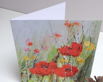 Poppies and Buttercups - Flower Meadow Card, Blank Greeting Card, Beach Card Square Greeting Card, Butterflies