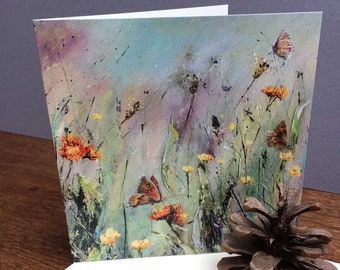 Meadow Browns - Flower Meadow Greeting Card, Blank Greeting Card, Wildflower Card, Square Greeting Card, Butterflies