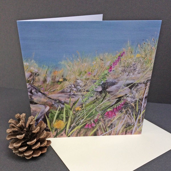 Cornish Cliff Card, Flower Meadow Greeting Card, Blank Greeting Card, Square Greeting Card,