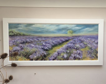 Large Original  acrylic painting, English Lavender Field, Original Acryilc, Landscape Painting, Meadow Painting, 107 x 54cm