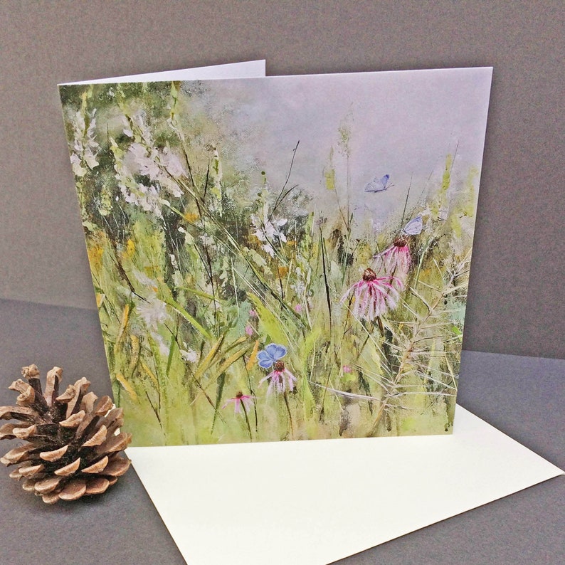 Flower Meadow Greeting Card, Blank Greeting Card, Wildflower Card, Square Greeting Card, Echinacea Flower Card image 1