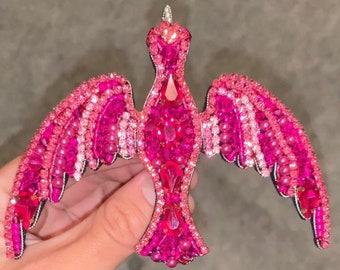 Glass Beaded Phoenix Brooch Pin Hand Embroidered Bird Broach Hot Pink Bird Lapel Badge Unique Craft Phoenix Collar Pin Jewelry Gift 4 Women