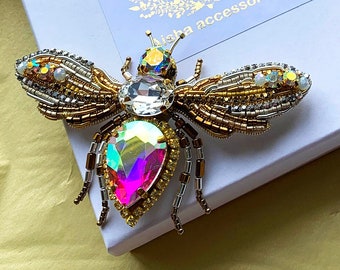 Sparkly Queen Bee Brooch Pin Handcrafted Bee Broach Crystal Adorned Queen Bee Badge Hand Embroidered Bee & Crown Jewelry Pin Gift for Women