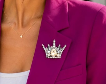 Crystal Crown Brooch: Rhinestone Embroidered Silver Crown Pin