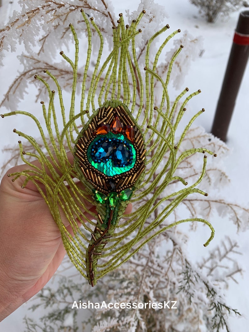 Handmade Glass Beaded Peacock Feather Brooch Pin Hand Embroidered ...