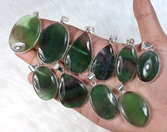 Green Fluorite Gemstone Bezel Pendant, Crystal Stone Sterling Silver Pendant Jewelry, Fluorite Pendant, Mix Shape Pendants For Her Jewellery