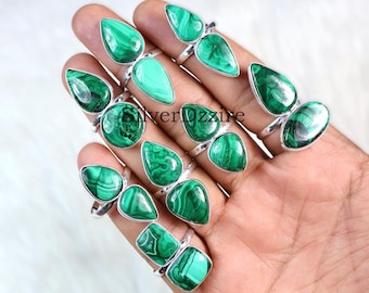 Anello in malachite, anelli con due pietre, anelli in argento sterling, anello con pietra verde, anelli boho, anelli con pietre preziose in malachite, anello con ciondolo per donna