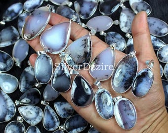 Dendrite Agate Pendant Mix Shape Bezel Pendant Necklace, Sterling Silver Pendant, Dendrite Pendant, Dendrite Gemstone Pendant Boho Pendants