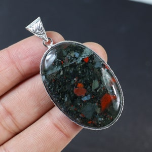 Natural African Bloodstone Pendant Oval Pendant Sterling Silver Pendant Red Bloodstone Gemstone Pendant Collet Pendant Bloodstone Jewelry