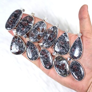 以下が含まれることがあります： 楕円形や涙型など、様々な形の宝石ペンダントのコレクション。ペンダントは、赤茶色のインクルージョンが入った、まだら模様の黒と白のパターンで、銀色の金属にセットされています。ペンダントは手で持たれています。
