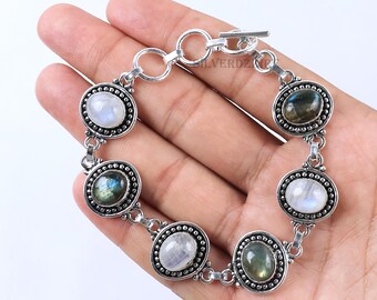 Bracelet pierres de lune, bracelet labradorite, bracelet pierres précieuses, bracelet en argent sterling, bracelet réglable, bracelet femme, cadeau d'anniversaire