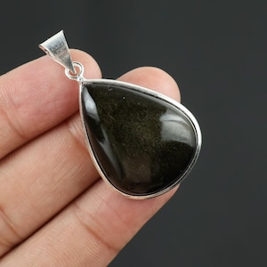 Sheen Obsidian Gemstone Pendant, Silver Plated Pendant Jewelry, Pear Shape Pendant, Bezel Pendant, Gold Obsidian Pendant, Women Necklace
