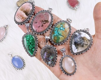 Natural Mix Gemstone Pendant Jewelry, Silver Necklaces, Mix Pendant, Bulk Jewelry, Sterling Silver Pendant, Multi Stone Pendant Gift For Her