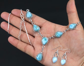 Conjuntos de joyas de larimar: collar y pendientes, collar de larimar, pendientes de plata de ley, pendientes de larimar, pendientes colgantes, regalos para ella.