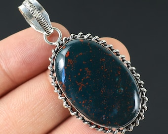 Bloodstone Pendant, Collet Pendant, Sterling Silver Pendant, Green Bloodstone Jewelry, Handmade Pendant, Gemstone Pendant Women Necklace