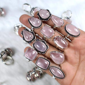 Pink Rose Quartz Ring Designer Ring Sterling Silver Ring Collet Rings Adjustable Ring Gemstone Ring Mix Size Ring Wedding Ring Women Ring