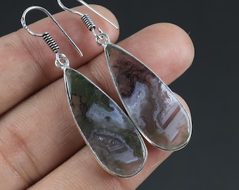 Moss Agate Earrings, Crystal Earring, Dangle Drop Ear Wire Earring, Sterling Silver Earring, Moss Agate Gemstone Earring, Handmade Earrings