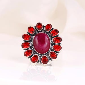 Garnet & Ruby Ring, Red Garnet Ring, Dainty Floral Ring, Sterling Silver Ring, Boho Statement Ring, Double Stone Ring, Wedding Jewelry Ring