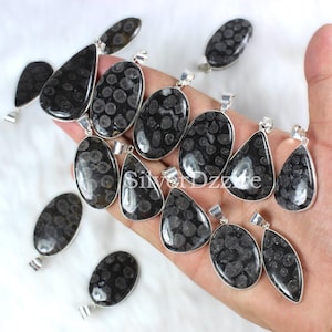 Fossil Coral Pendant Mix Shape Bezel Pendant Black Fossil Pendant Sterling Silver Pendant Fossil Gemstone Pendant Fossil Coral Necklace Gift