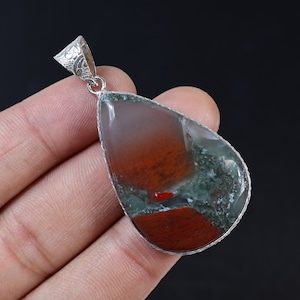 African Bloodstone Pendant Pear Sterling Silver Pendant Crystal Red Bloodstone Gemstone Pendant Designer Bezel Pendant Bloodstone Jewelry