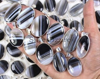 Black Banded Agate Pendant Mix Shape Bezel Pendant White Banded Pendant Sterling Silver Pendant Smooth Banded Agate Gemstone Pendant Jewelry