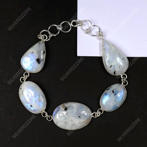 Rainbow Moonstone Gemstone Bracelet, Sterling Silver Bracelet, Natural Moonstone Bracelet, Handmade Boho Statement Jewelry, Gift For Women