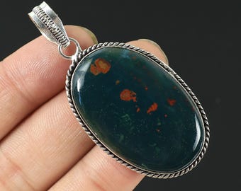 Bloodstone Pendant, Oval Pendant, Sterling Silver Pendant, Green Bloodstone Jewelry, Collet Pendant, Boho Necklace, Statement Pendant Gift