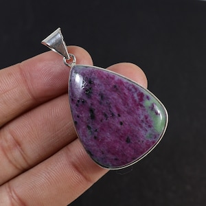 Ruby Zoisite Gemstone Pendant, Sterling Silver Pendant, Pear Ruby In Zoisite Necklace, Bezel Pendant, Handmade Pendant, Women Necklace