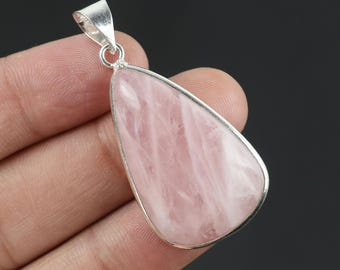 Pear Shape Rose Quartz Pendant, Sterling Silver Bezel