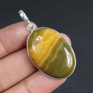Yellow Ocean Jasper Pendant Sterling Silver Pendant Narrow Loop Pendant Necklace Oval Ocean Jasper Jewelry Green Ocean Jasper Necklace Gift