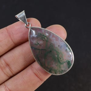 Moss Agate Pendant Sterling Silver Pendant Pear Moss Agate Gemstone Pendant Bezel Pendant Moss Agate jewelry Crystal Pendant Women Pendant