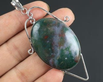 Bloodstone Gemstone Pendant, Handmade Collet Pendant, Green Bloodstone Jewelry, Designer Pendant, Sterling Silver Pendant Women Necklace