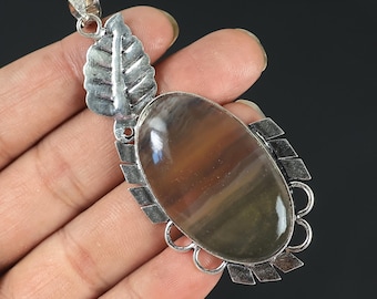 Fluorite Pendant, Designer Leaf Pendant, Handmade Pendant Boho Pendant, Sterling Silver  Pendant Crystal Pendant, Gemstone Pendant Necklaces
